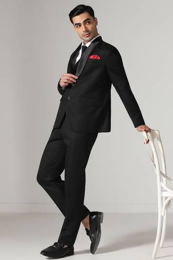 Mens black tuxedo suit with pocket square