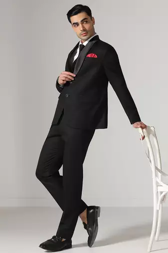 Mens black tuxedo suit with pocket square