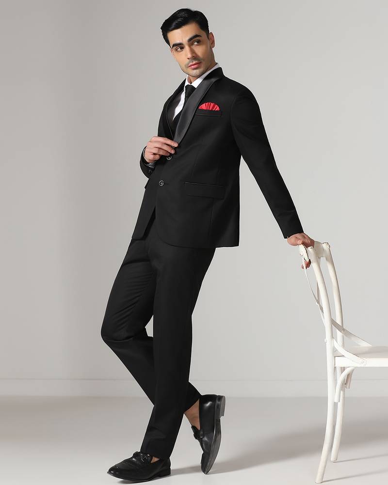 Mens black tuxedo suit with pocket square