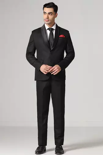 Mens black tuxedo suit with pocket square