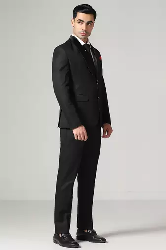 Mens black tuxedo suit with pocket square