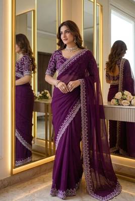 Wine Color embroidery sequins work Georgette saree 1
