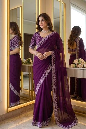 Wine Color embroidery sequins work Georgette saree