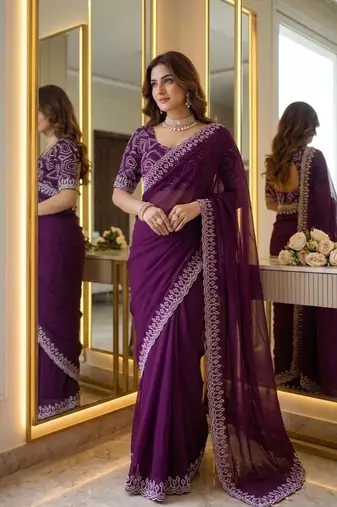 Wine Color embroidery sequins work Georgette saree