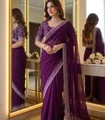 Wine Color embroidery sequins work Georgette saree