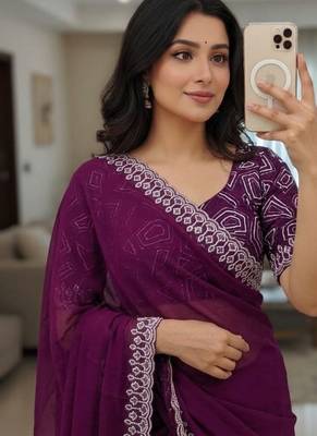 Wine Color embroidery sequins work Georgette saree 2