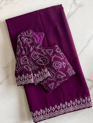 Wine Color embroidery sequins work Georgette saree 5