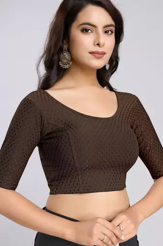 Cotton lycra stretchable comfy round neck half sleeves saree blouse readymade