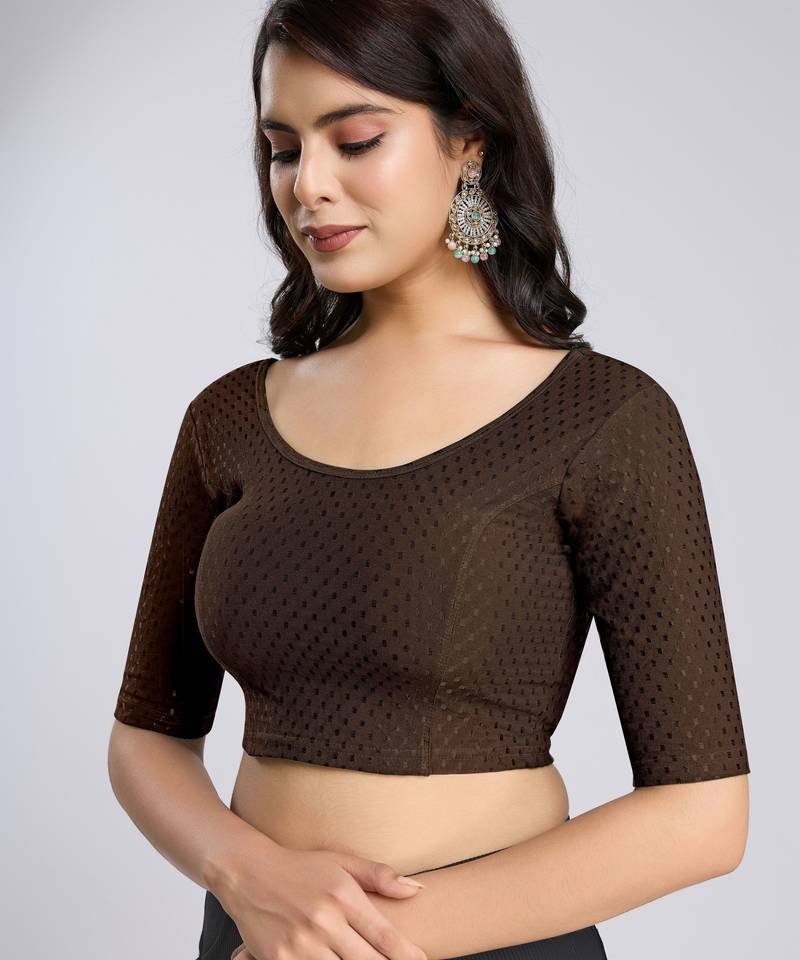 Cotton lycra stretchable comfy round neck half sleeves saree blouse readymade