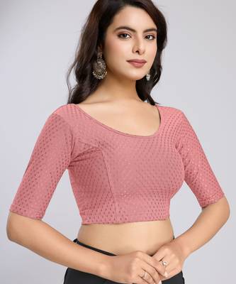 Cotton lycra stretchable comfy round neck half sleeves saree blouse readymade 3