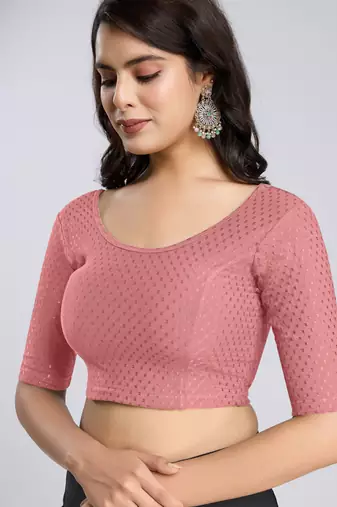 Cotton lycra stretchable comfy round neck half sleeves saree blouse readymade