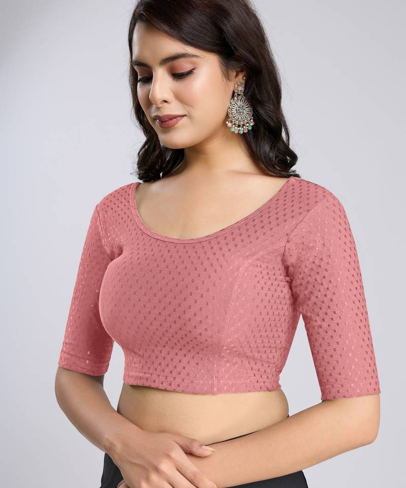 Cotton lycra stretchable comfy round neck half sleeves saree blouse readymade