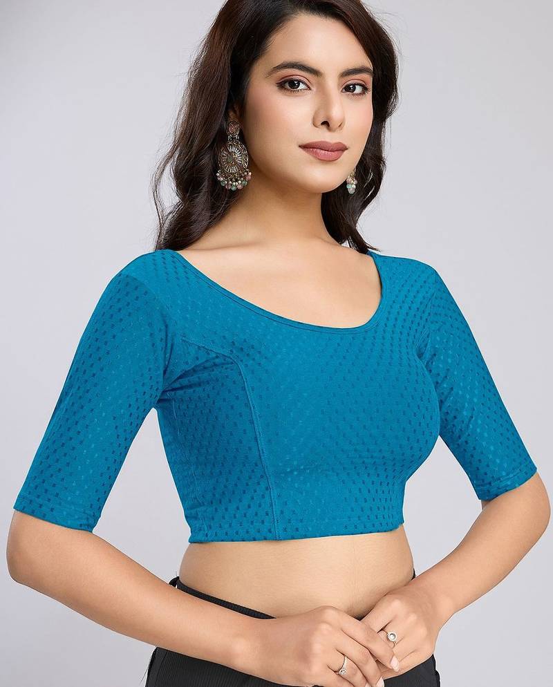 Cotton lycra stretchable comfy round neck half sleeves saree blouse readymade