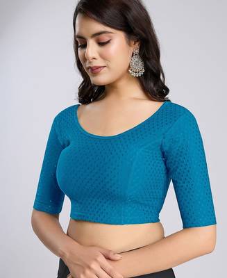 Cotton lycra stretchable comfy round neck half sleeves saree blouse readymade 4
