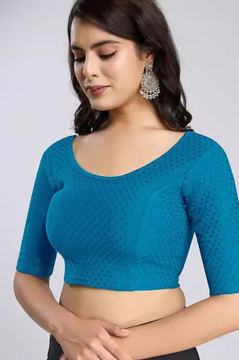 Cotton lycra stretchable comfy round neck half sleeves saree blouse readymade