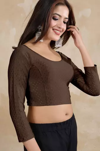 Cotton lycra stretchable comfy round neck elbow sleeves saree blouse readymade