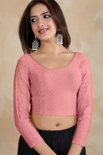Cotton lycra stretchable comfy round neck elbow sleeves saree blouse readymade