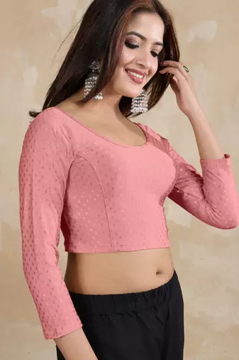 Cotton lycra stretchable comfy round neck elbow sleeves saree blouse readymade
