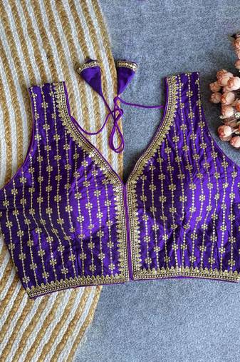 Women's violet dhupion silk embroidery sequence work blouse choli stylish saree blouse