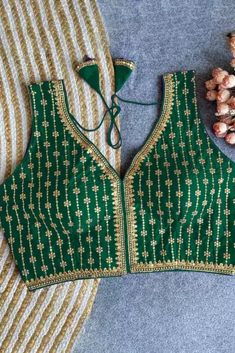 Women's darkgreen dhupion silk embroidery sequence work blouse choli stylish saree blouse