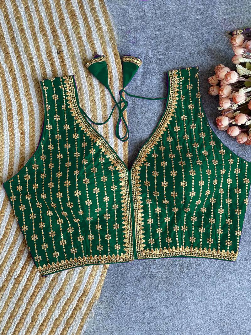Women's darkgreen dhupion silk embroidery sequence work blouse choli stylish saree blouse