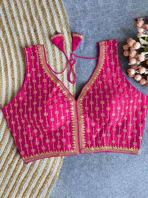 Women's pink dhupion silk embroidery sequence work blouse choli stylish saree blouse 3