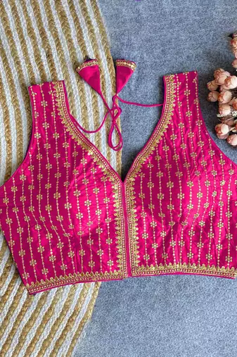 Women's pink dhupion silk embroidery sequence work blouse choli stylish saree blouse