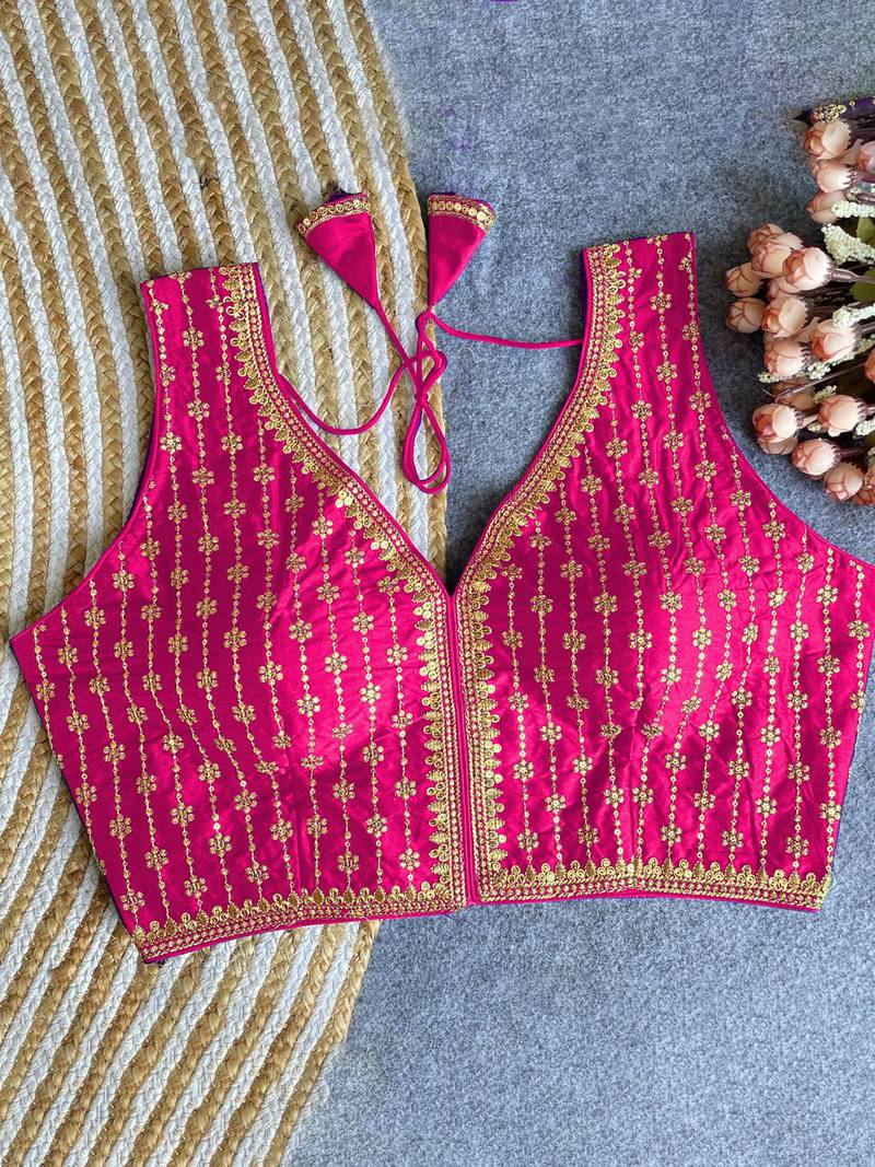 Women's pink dhupion silk embroidery sequence work blouse choli stylish saree blouse