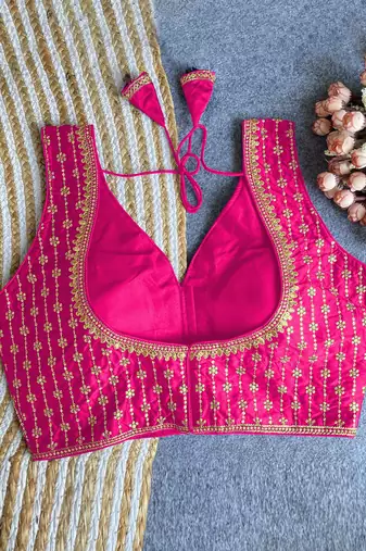 Women's pink dhupion silk embroidery sequence work blouse choli stylish saree blouse