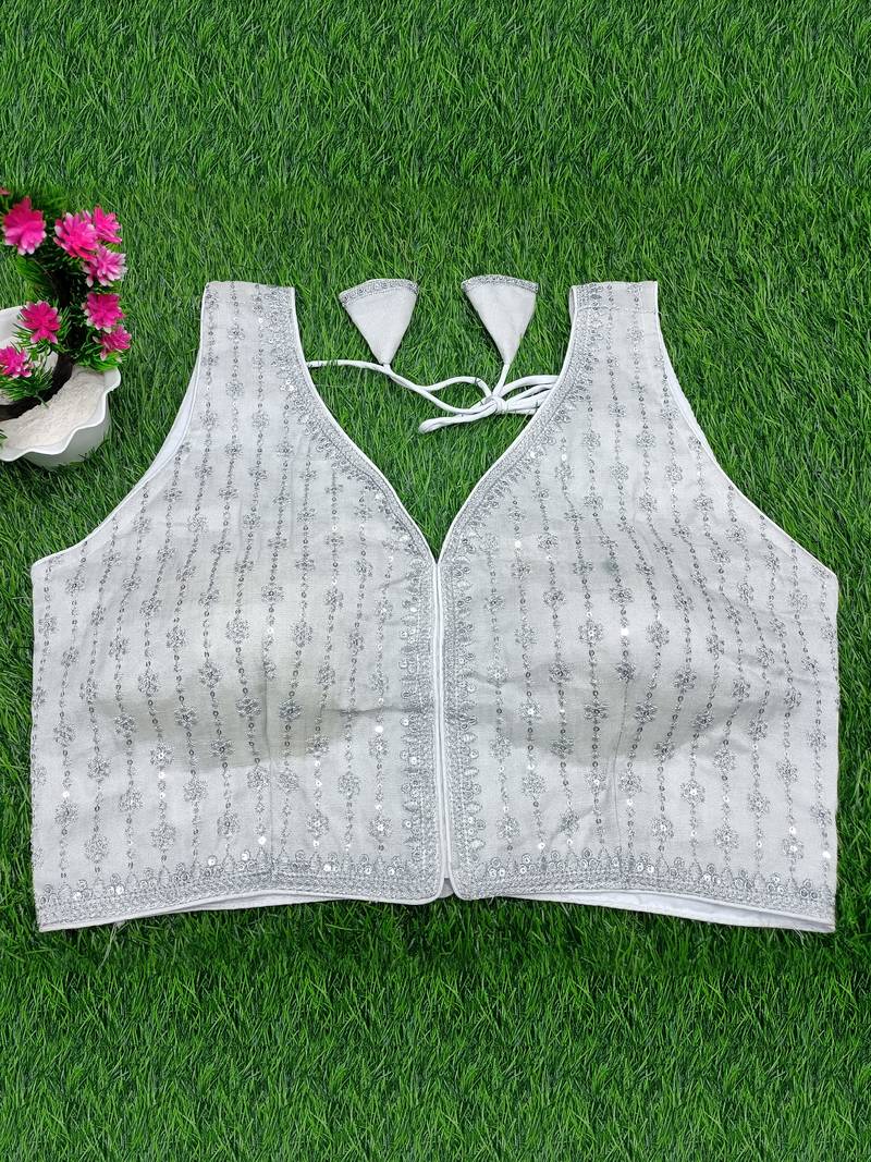 Women's silver dhupion silk embroidery sequence work blouse choli stylish saree blouse