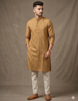 Wood brown woven striped work premium khadi cotton straight mandarin collar men's kurta 1