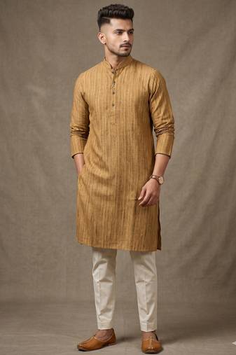 Wood brown woven striped work premium khadi cotton straight mandarin collar men's kurta