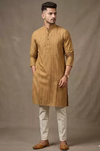 Wood brown woven striped work premium khadi cotton straight mandarin collar men's kurta