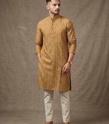 Wood brown woven striped work premium khadi cotton straight mandarin collar men's kurta