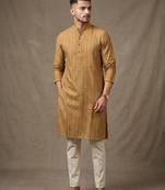 Wood brown woven striped work premium khadi cotton straight mandarin collar men's kurta