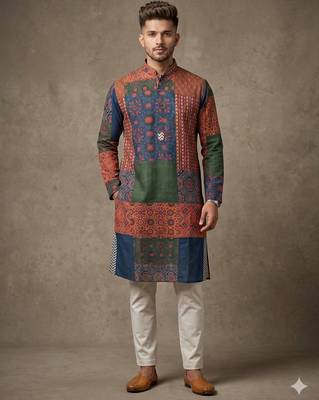 Multi-colour digital patchwork print cotton blend straight mandarin collar men's kurta 1