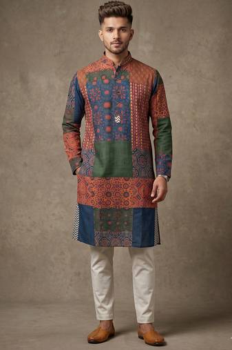 Multi-colour digital patchwork print cotton blend straight mandarin collar men's kurta