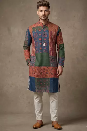 Multi-colour digital patchwork print cotton blend straight mandarin collar men's kurta