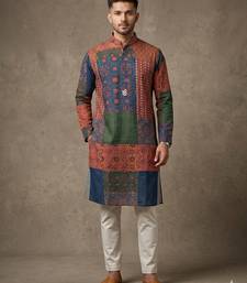 Multi-colour digital patchwork print cotton blend straight mandarin collar men's kurta