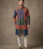 Multi-colour digital patchwork print cotton blend straight mandarin collar men's kurta