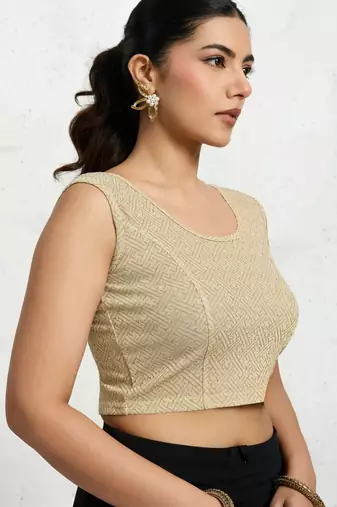 Polyester elastane zari stretchable sleeveless ready to wear blouse for women