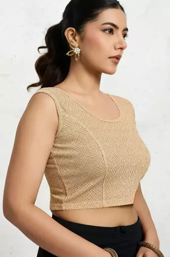 Polyester elastane zari stretchable sleeveless ready to wear blouse for women