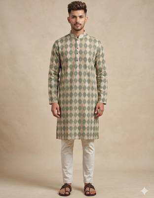 Beige and olive green geometric digital print premium cotton blend mandarin collar straight men's kurta 1