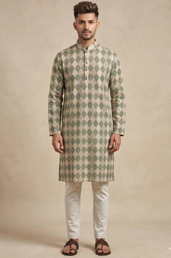 Beige and olive green geometric digital print premium cotton blend mandarin collar straight men's kurta