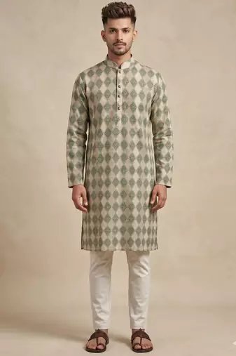 Beige and olive green geometric digital print premium cotton blend mandarin collar straight men's kurta