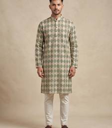 Beige and olive green geometric digital print premium cotton blend mandarin collar straight men's kurta
