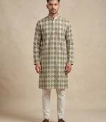 Beige and olive green geometric digital print premium cotton blend mandarin collar straight men's kurta