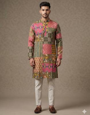 Multi-colour digital patchwork print cotton blend straight mandarin collar men's kurta 1