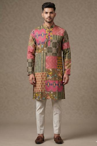 Multi-colour digital patchwork print cotton blend straight mandarin collar men's kurta