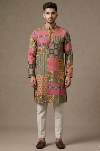 Multi-colour digital patchwork print cotton blend straight mandarin collar men's kurta